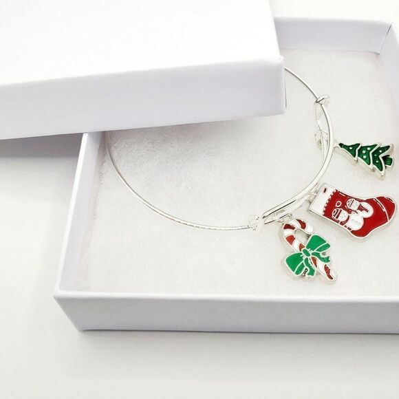 Silver Christmas Charm Bracelet, Candy Cane, Stocking, and Tree Charms - Picture 1 of 11